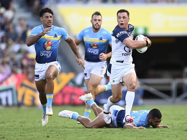 TOWNSVILLE, AUSTRALIA - APRIL 07: Scott Drinkwater of the Cowboys makes a breakduring the round five NRL match between North Queensland Cowboys and Gold Coast Titans at Qld Country Bank Stadium, on April 07, 2024, in Townsville, Australia. (Photo by Ian Hitchcock/Getty Images)