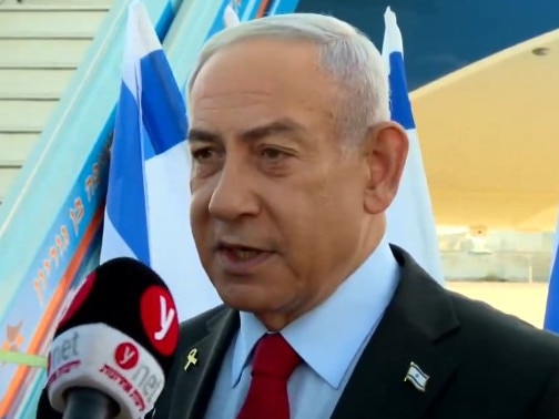 Israeli Prime Minister benjamin Netanyahu speaks before he gets on a plane to Washington Dc to visit US President Donald Trump on Febryary 2 2025