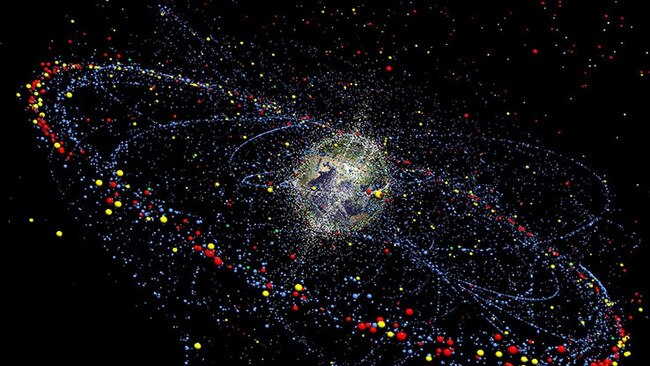 A visualisation of space junk orbiting earth.