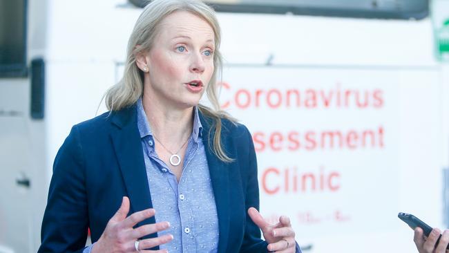 Health Minister Sarah Courtney gives an update on the Government's coronavirus response at the mobile coronavirus assessment clinic in Launceston. Picture: PATRICK GEE