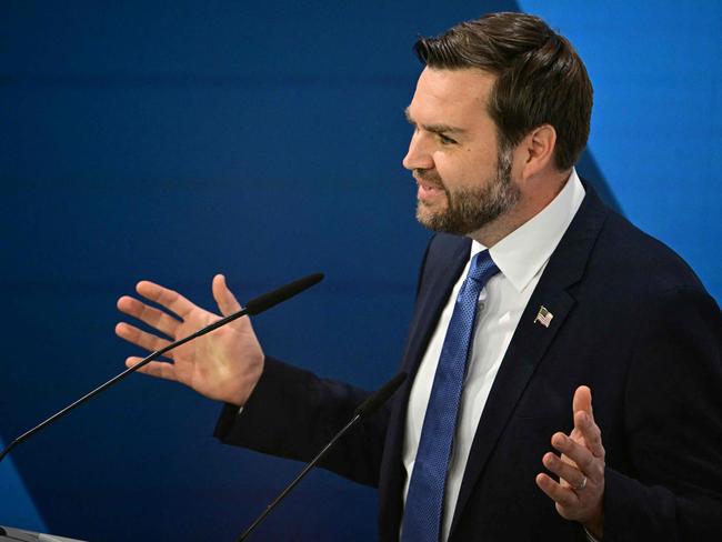 US Vice President JD Vance speaks during the Munich Security Conference. Picture: AFP