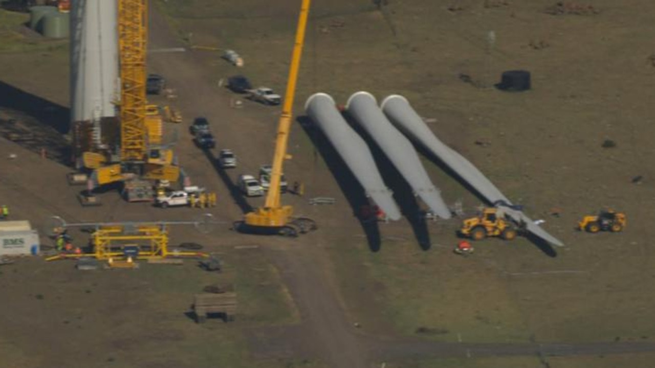 Emergency services are at the scene of an industrial rescue operation in Rokewood, south of Ballarat, where a man is understood to have been injured by a wind turbine. Picture: 7News,