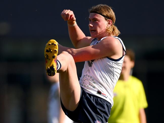 MELBOURNE, AUSTRALIA - JULY 16: Harley Reid of Vic Country kicks the ball during the 2023 U18 Boys Championships match between Vic Country and Vic Metro at Ikon Park on June 16, 2023 in Melbourne, Australia. (Photo by Morgan Hancock/AFL Photos via Getty Images)