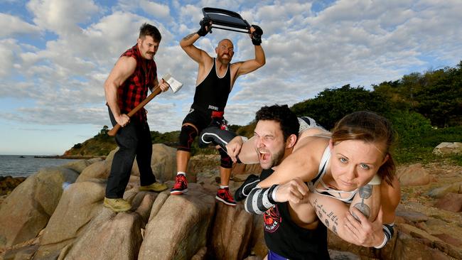 Tim Burr, JC Sabotage, Seth Tylors and Ebony Angel are all on the fight card for the Queensland Wrestling Alliance's next bout at Northern Beaches High this Saturday. Picture: Evan Morgan