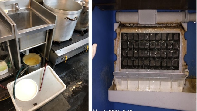 Left: the hand Wash basin was obstructed. Right: there was visible build-up of dirt inside an ice machine