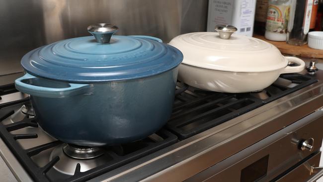 The Kmart pots have been deemed a perfect dupe for Le Creuset’s cast iron cookware. Picture: Brett Costello