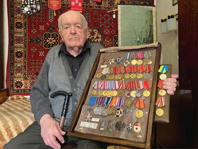 Zigmund Venglovsky, 97, with his medals at his home in Zhytomyr, west of Kyiv