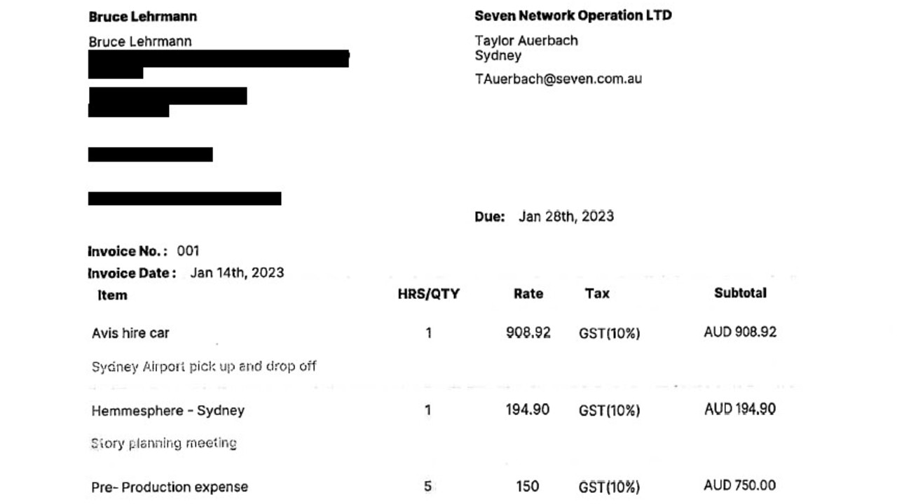 An invoice issued to Seven by Bruce Lehrmann. Picture: Supplied.