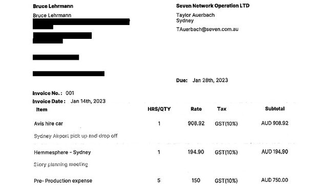 An invoice issued to Seven by Bruce Lehrmann. Picture: Supplied.