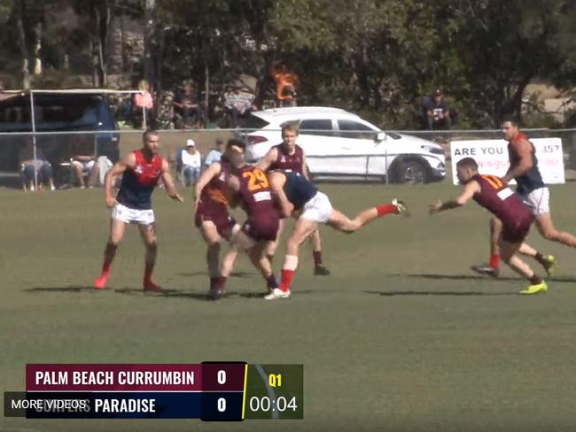 Palm Beach Currumbin midfielder Jason Burge has successfully had his three-game suspension for this hit on Surfers Paradise ruckman Sam Jewell thrown out. Picture: Taken from AFLQ live stream.
