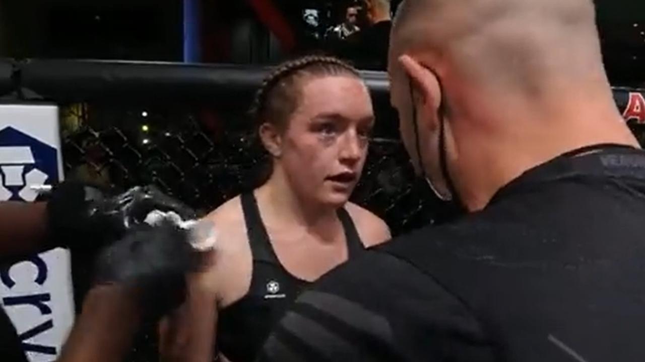 Aspen Ladd was given a serve by coach Jim West. Photo: Twitter, @espnmma