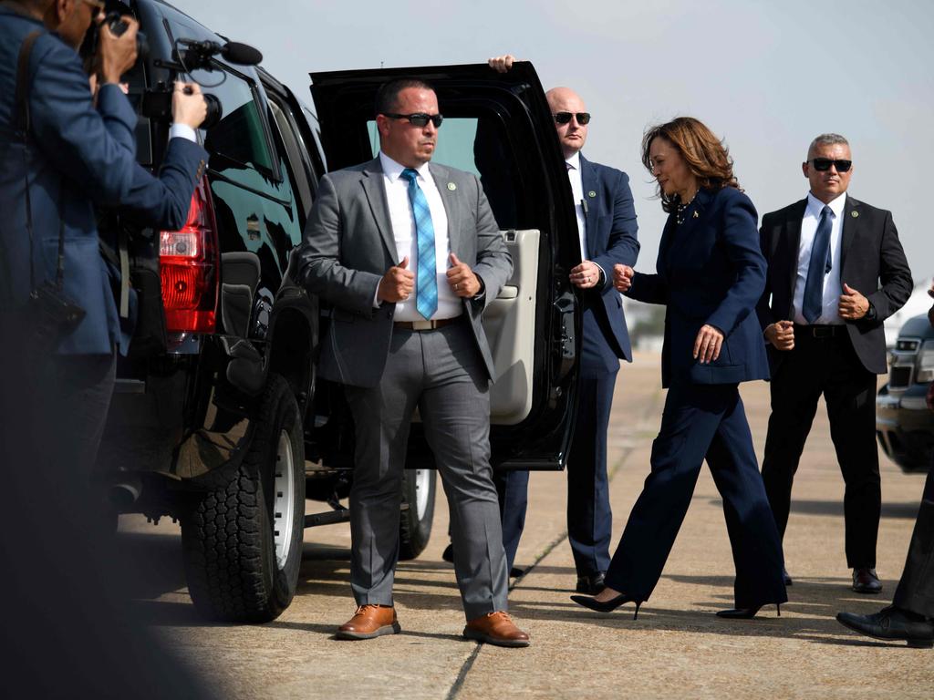 Secret Service agents open the door for US Vice President and 2024 Democratic presidential candidate Kamala Harris as she arrives at George Bush Intercontinental Airport in Houston. Picture: AFP