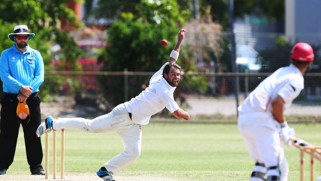 Brad Smith bowls for Norths in their Cricket Far North match against Mulgrave, held at Griffiths Park, Manunda. Picture: Brendan Radke