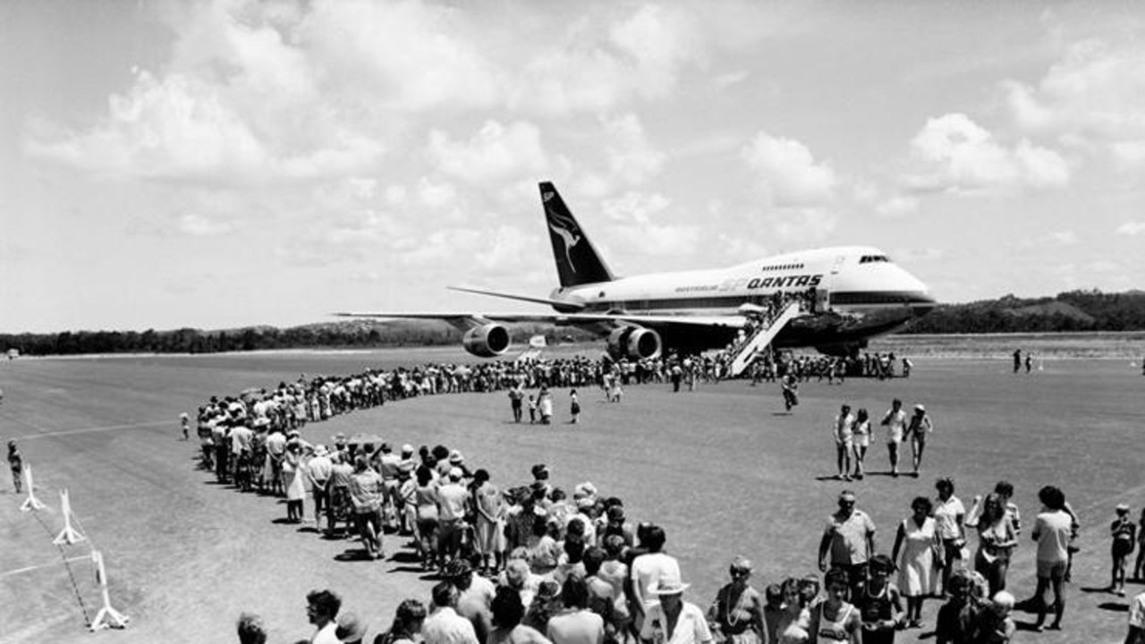 Hundreds lined up at the Gold Coast to inspect Qantas’s first 747 Special Performance aircraft City of Gold Coast/Tweed on its first promotional tour of Queensland in 1981, shortly before a cabin crew strike affected the airline’s worldwide services. Picture: Qantas