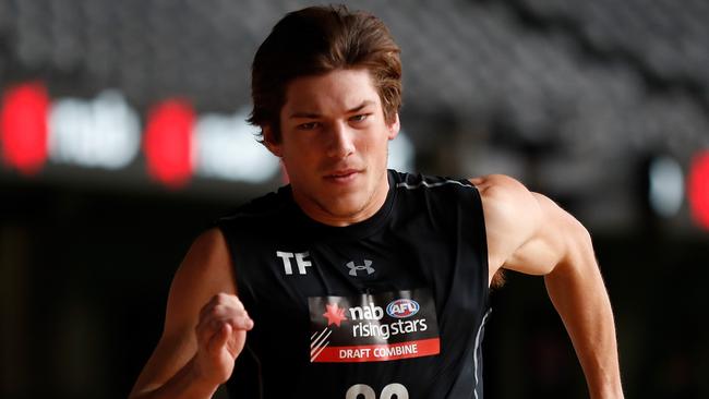 Sturt’s Hugo Munn does the sprint test at the AFL Draft Combine at Marvel Stadium. Picture: Getty Images