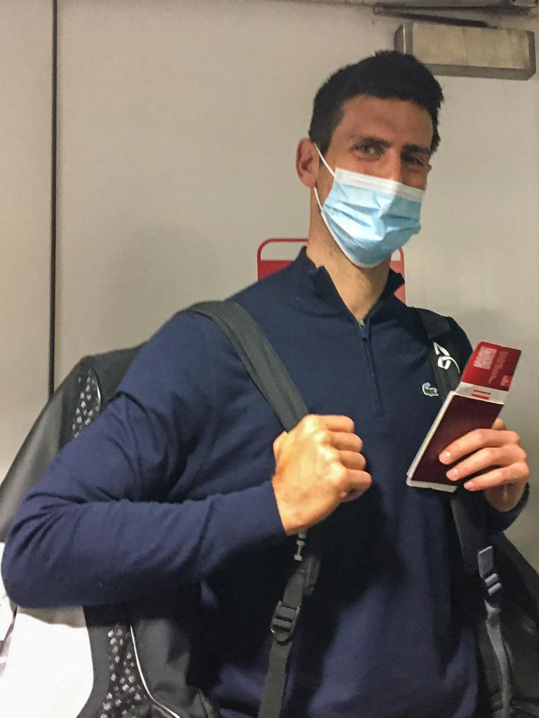 Serbia's tennis champion Novak Djokovic disembarks from a plane at the airport in Dubai. Picture: AFP