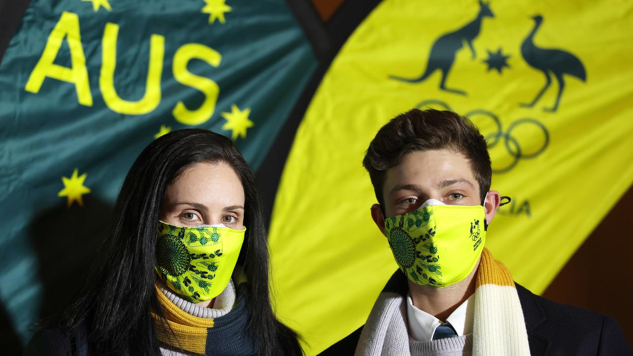 Aerial skier Laura Peel (L) and figure skater Brendan Kerry (R) led the Australian team at the Opening Ceremony of the Winter Olympics.