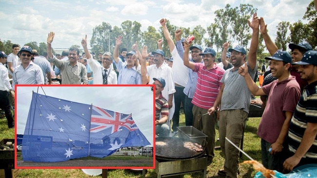 The Ahmadiyya Muslim community are celebrating Australia Day with the largest flag, exceeding the size of the flag flying atop of Parliament House. Picture: Supplied