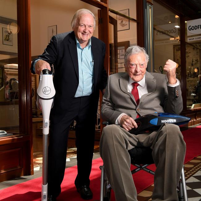 Godfreys CEO John Hardy with 100yr old John Johnston. Picture: Tricia Watkinson