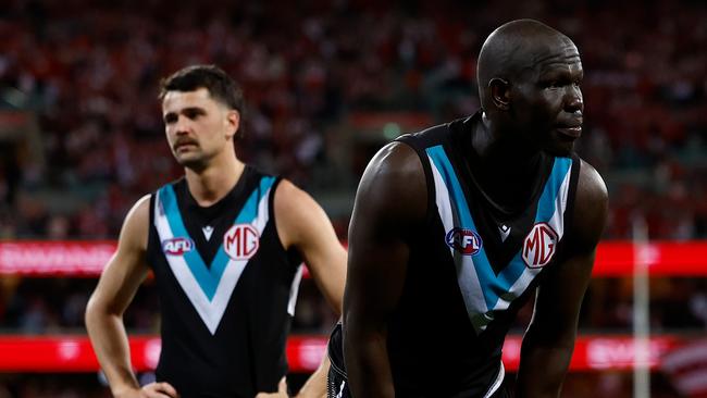 SYDNEY, AUSTRALIA - SEPTEMBER 20: Aliir Aliir of the Power looks dejected after a loss during the 2024 AFL First Preliminary Final match between the Sydney Swans and the Port Adelaide Power at The Sydney Cricket Ground on September 20, 2024 in Sydney, Australia. (Photo by Michael Willson/AFL Photos via Getty Images)