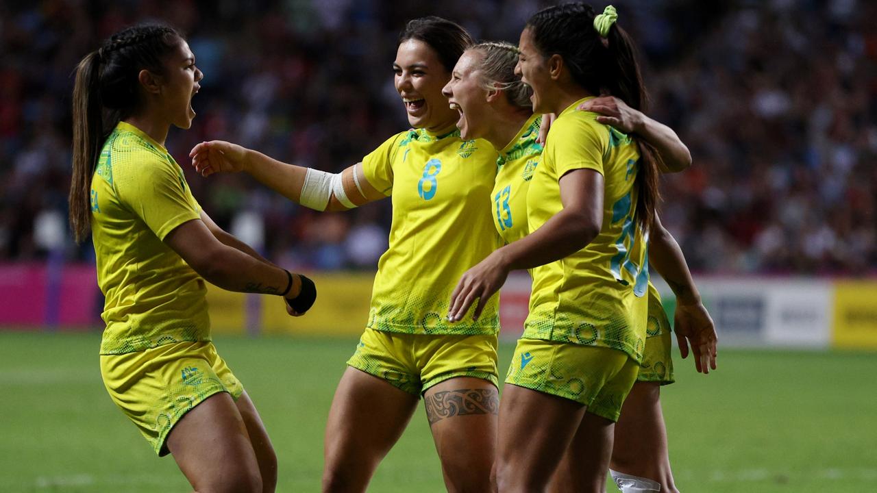 Alysia Lefau-Fakaosilea, Madison Ashby, Sariah Paki and Teagan Levi celebrate.