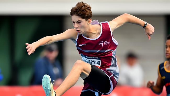 Blade Thompson (QLD) competes in the Boys U14 200m Hurdles.