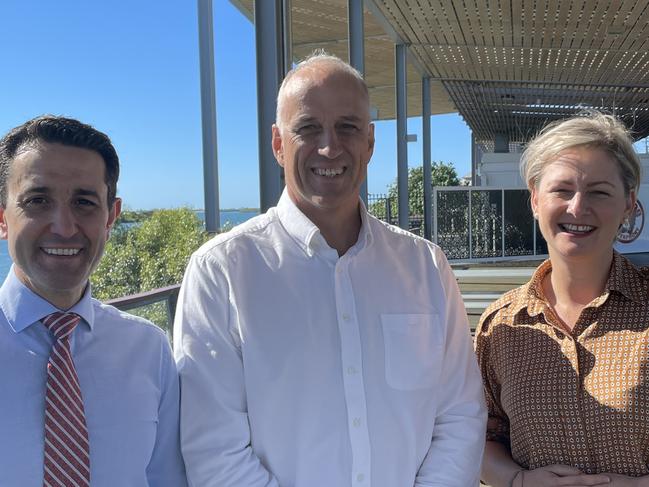 Opposition leader David Crisafuli announces new Mackay candidate Nigel Dalton with Whitsundays MP Amanda Camm at Blue Water Quay. June 3, 2024. Photo: Fergus Gregg