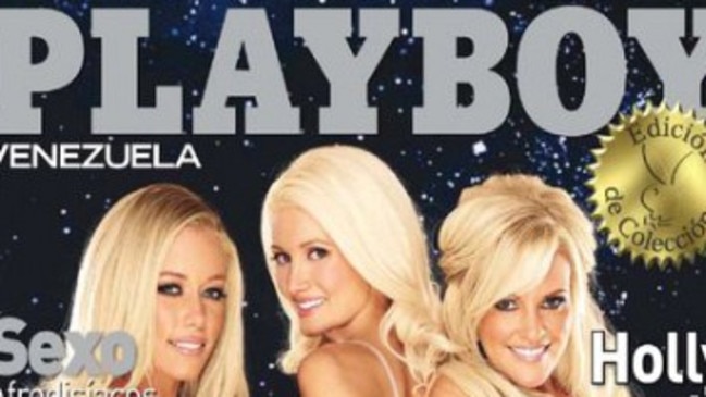 <!DOCTYPE html PUBLIC "-//W3C//DTD HTML 4.0 Transitional//EN" "http://www.w3.org/TR/REC-html40/loose.dtd"><html><body><p>Kendra Wilkinson, Holly Madison and Bridget Marquardt on the cover of Playboy Magazine.</p></body></html>