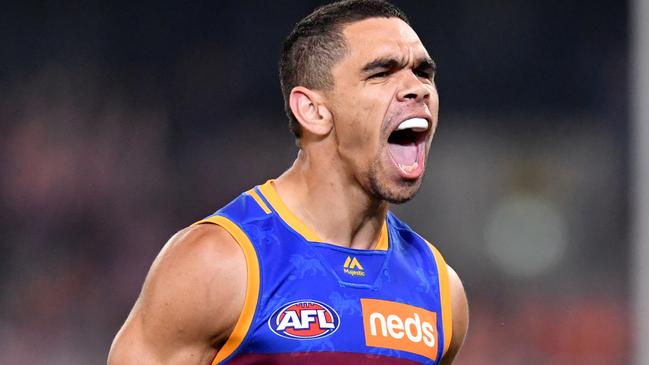 Charlie Cameron of the Lions celebrates kicking a goal during the Second Semi Final match between the Brisbane Lions and the Greater Western Sydney Giants during week 2 of the AFL Finals Series at the Gabba in Brisbane, Saturday, September 14, 2019. (AAP Image/Darren England) NO ARCHIVING, EDITORIAL USE ONLY