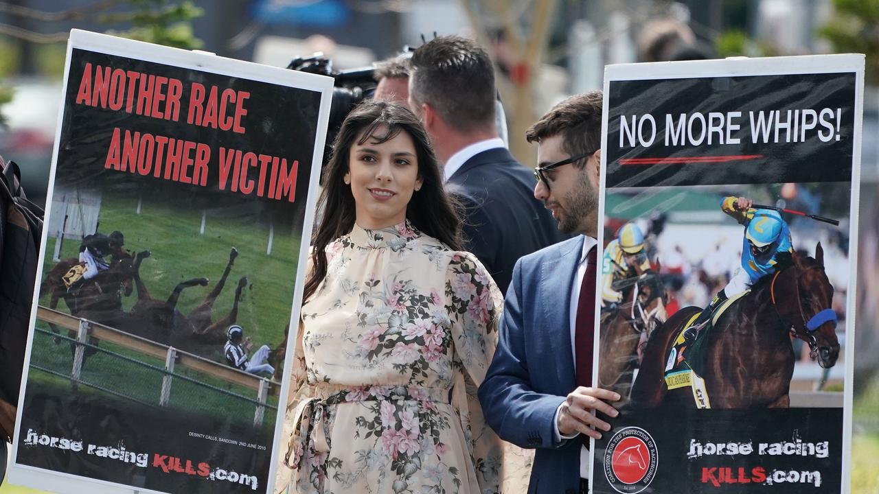 Animal rights activists are seen protesting Melbourne Cup outside Flemington. Picture: AAP