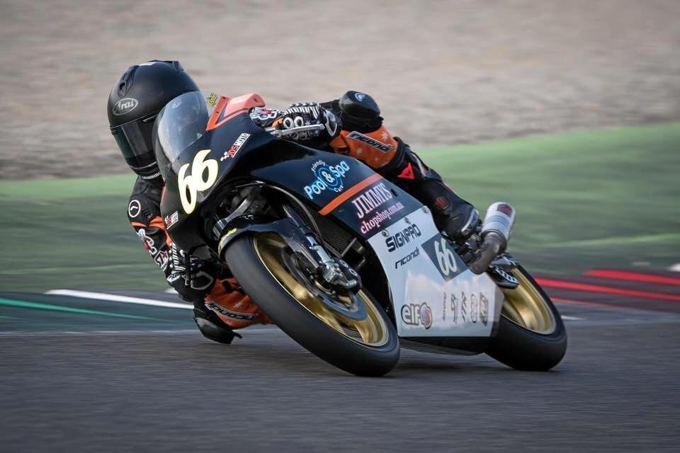 REVVED UP: Toowoomba rider Joel Kelso puts his JDS Moto bike to the test during Pre Moto 3 action at the Mugello Circuit in Italy. Kelso finished with second and third placings from his two races. Picture: Contributed