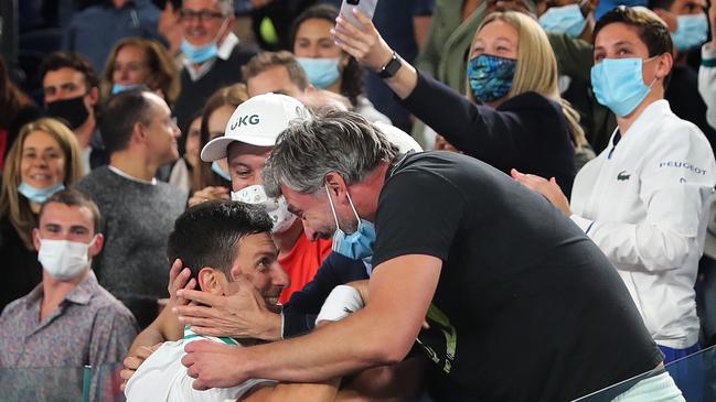 Novak Djokovic hugs his coach Goran Ivanisevic after winning the 2021 Australian Open. Pic: Michael Klein