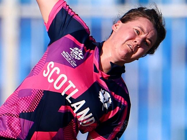 SHARJAH, UNITED ARAB EMIRATES - OCTOBER 13: Kathryn Bryce of Scotland bowls during the ICC Women's T20 World Cup 2024 match between England and Scotland at Sharjah Cricket Stadium on October 13, 2024 in Sharjah, United Arab Emirates. (Photo by Francois Nel/Getty Images)