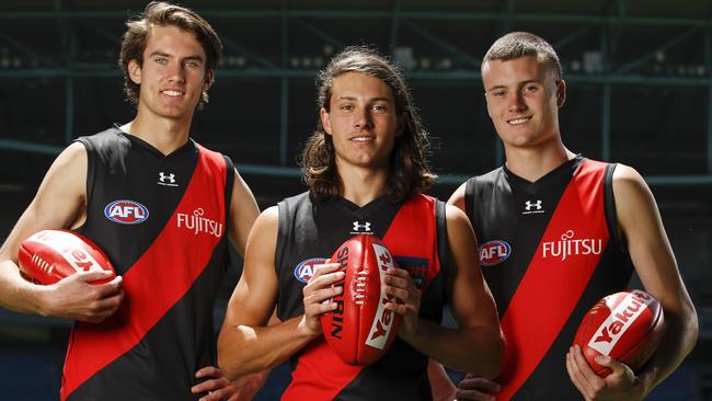 Essendon’s three top-10 draft picks Zach Reid, Archie Perkins and Nik Cox are the future f the club. Picture: Dylan Burns/AFL Photos.