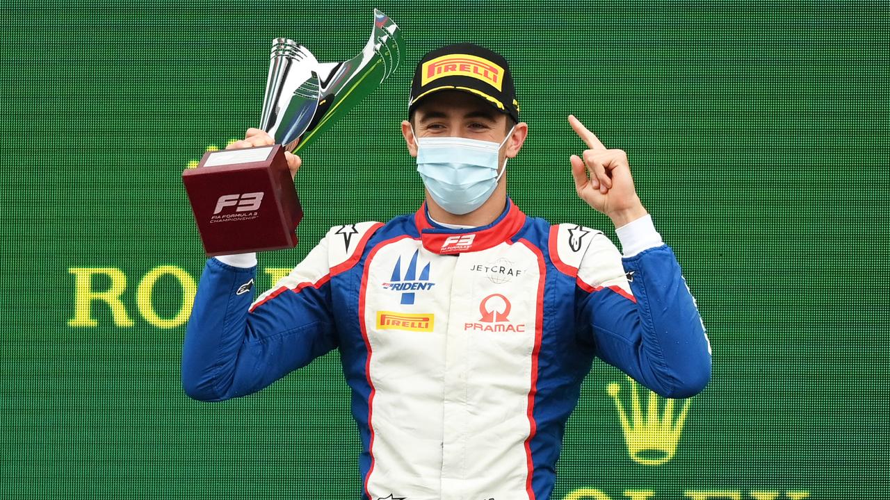 SPA, BELGIUM - AUGUST 29: Race winner Jack Doohan of Australia and Trident celebrates on the podium during Round 5:Spa-Francorchamps race 3 of the Formula 3 Championship at Circuit de Spa-Francorchamps on August 29, 2021 in Spa, Belgium. (Photo by Dan Mullan/Getty Images)