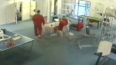 Video stills from the gym at Barwon Prison show Matthew Johnson and Carl Williams the day Williams died. Picture: Channel 10