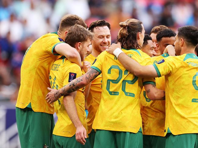 The Socceroos celebrate Jordan Bos’ first international goal. Picture: Robert Cianflone/Getty Images