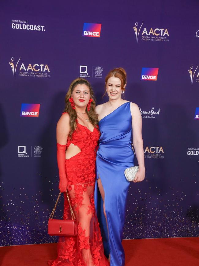 GOLD COAST AUSTRALIA - NewsWire Photos FEBRUARY 10, 2024: Esse Louise James and Maddie McRae arrive on the Red Carpet at the 2024 Aacta Awards at HOTA on the Gold Coast. Picture: NCA NewsWire / Glenn Campbell