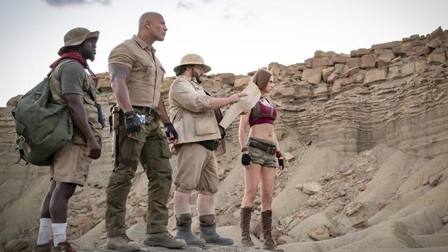 Kevin Hart, from left, Dwayne Johnson, Jack Black and Karen Gillan in Jumanji: The Next Level.