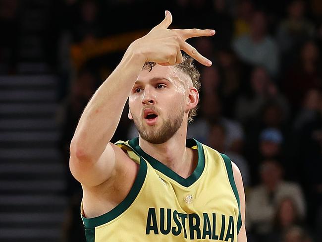 Jock Landale of the Boomers reacts during the game between the Australia Boomers and China at John Cain Arena on July 04, 2024 in Melbourne, Australia. (Photo by Graham Denholm/Getty Images)