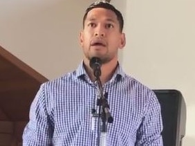 Israel Folau speaks at The Truth of Jesus Christ Church, Kenthurst, Sunday 12 May 2019. Picture: Facebookhttps://www.facebook.com/592277641115135/videos/2247434915518346/