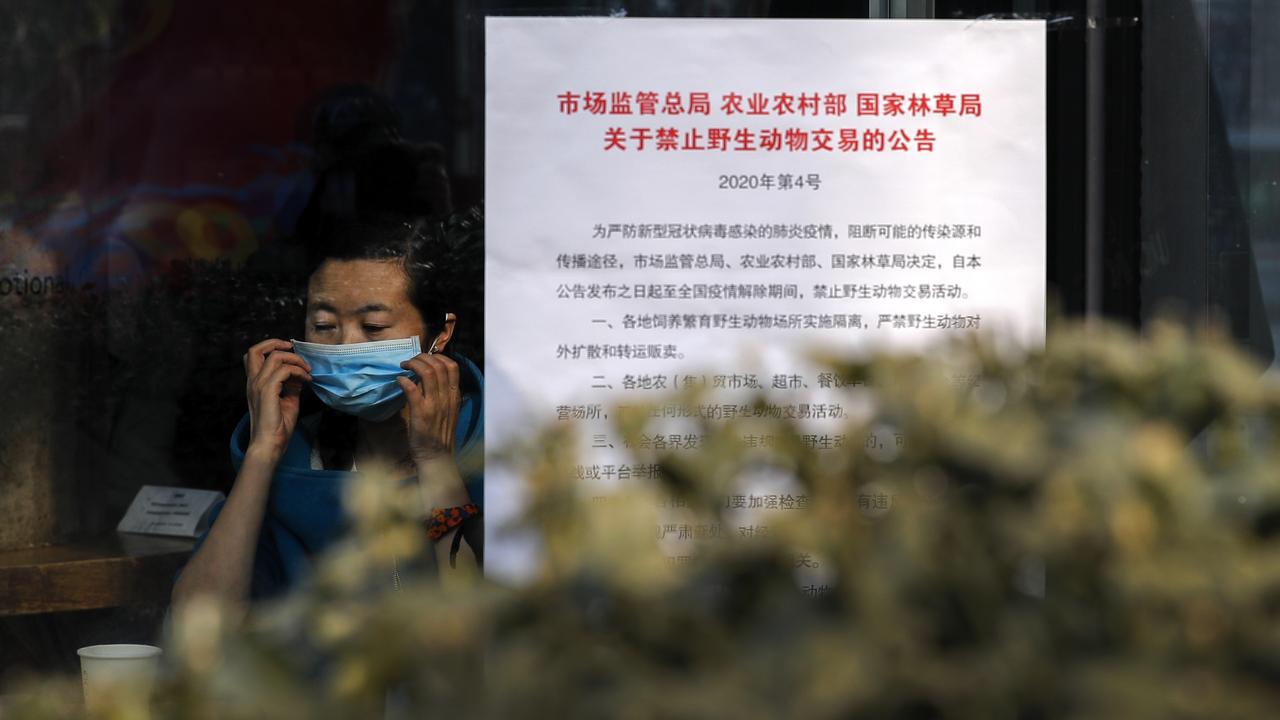 A notice board that reads ‘Bans on wild animals trading following the coronavirus outbreak’ at a cafe in Beijing on Monday, February 10, 2020. Picture: Andy Wong/AP