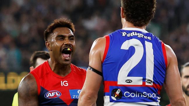 Kysaiah Pickett was fired up against the Dogs on Saturday night. Picture: Dylan Burns/AFL Photos via Getty Images