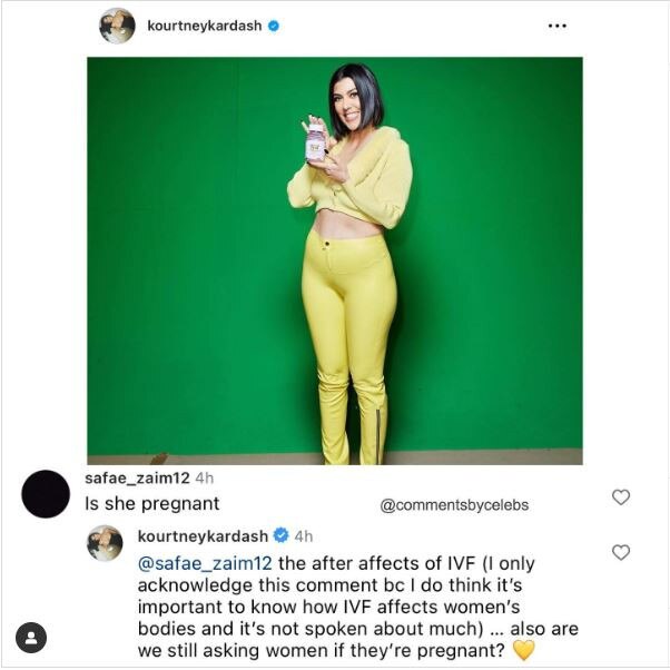 Kourtney Kardashian has clapped back at people speculating she’s 'pregnant', after sharing a photo of herself in a midriff baring top and fitted pants. Picture: Instagram