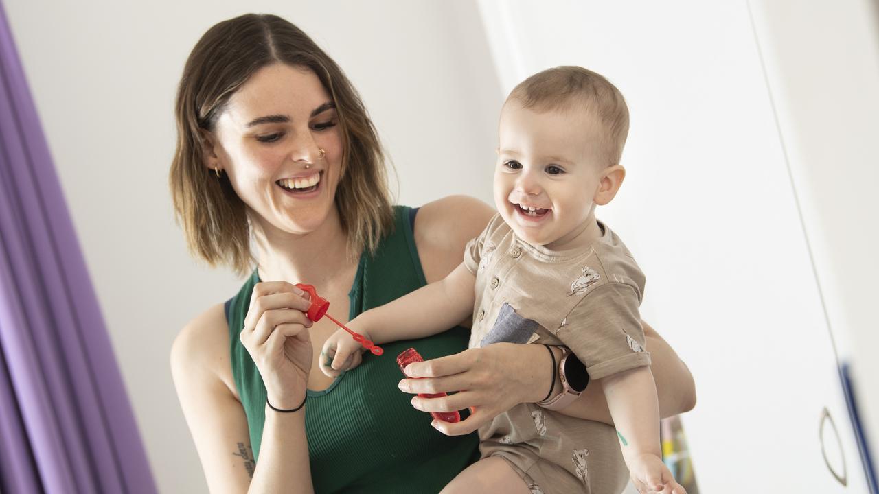 Lennon Starr started a YouTube channel to raise awareness about mental health, pictured with her 12 month old son Sunny Sharp. Monday, October 11, 2021. Picture: Nev Madsen.