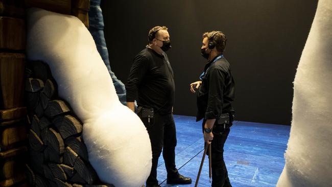 Production stage manager Matthew Henderson and Technical director Mark Henstridge backstage at Frozen. Picture: Lisa Tomasetti