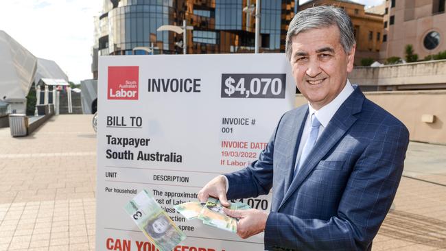 Treasurer Rob Lucas holding fake Labor money during a presser about election spending. Picture: NCA NewsWire / Brenton Edwards