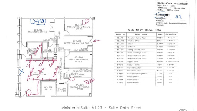 A map of Senator Linda Reynolds' office with the markings of Ms Higgins of where she said she went that night. Picture: Supplied.