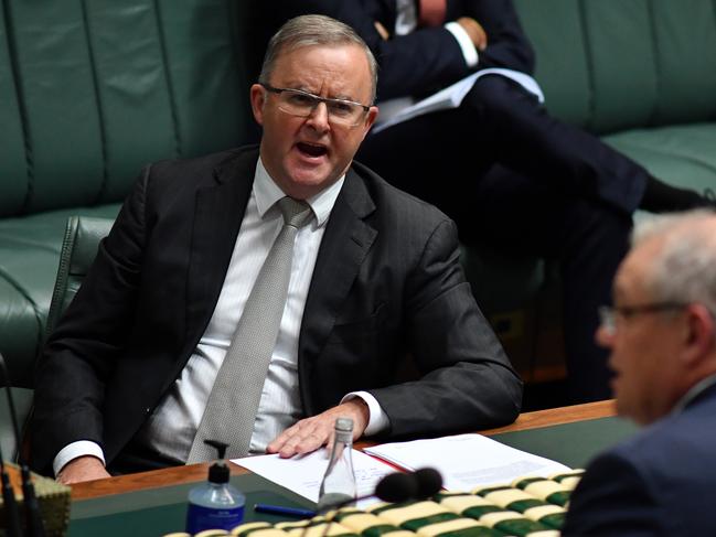 CANBERRA, AUSTRALIA - MAY 14: Leader of the Opposition Anthony Albanese reacts during Question Time in the House of Representatives at Parliament House on May 14, 2020 in Canberra, Australia. Today is final day of a special parliamentary sitting, after parliament was adjourned due to the COVID-19 outbreak. Parliament is set to resume in August 2020.  (Photo by Sam Mooy/Getty Images)