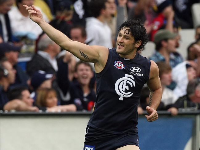 Flachback: Brendan Fevola celebrates a goal for Carlton.